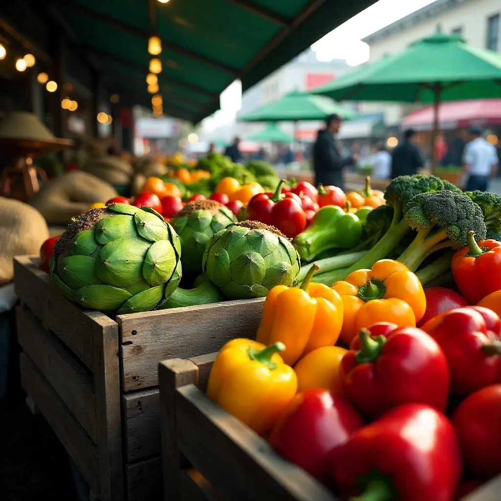 Vibrant Seattle Market Produce: Artichokes, Peppers & Broccolini