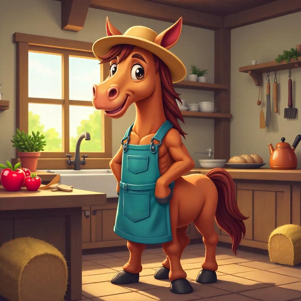 Cartoon Centaur in a Cozy Farmhouse Kitchen