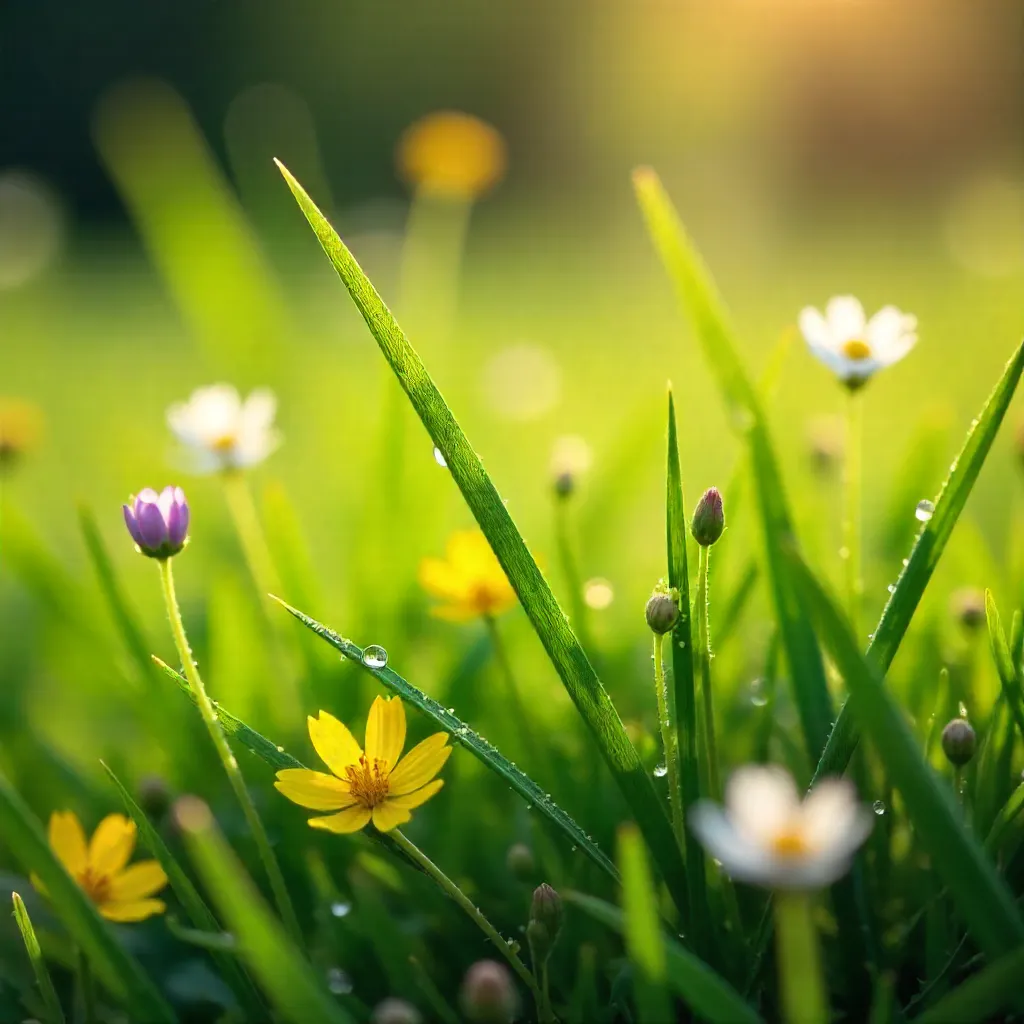 Close-Up of Lush Grass and Wildflowers in Serene Light