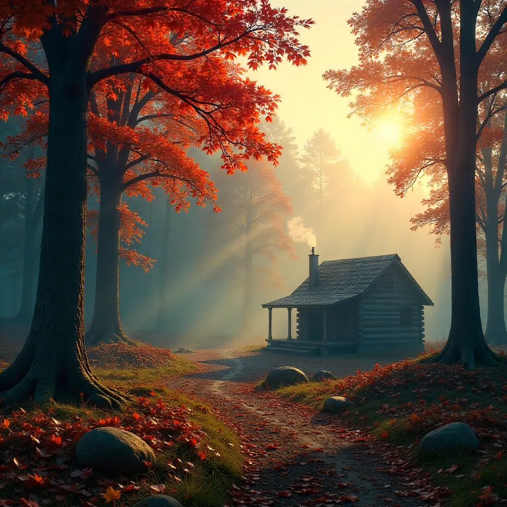 Foggy Autumn Forest with Distant Cabin