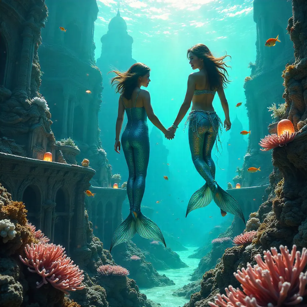 Two Women Explore a Coral City Under the Sea