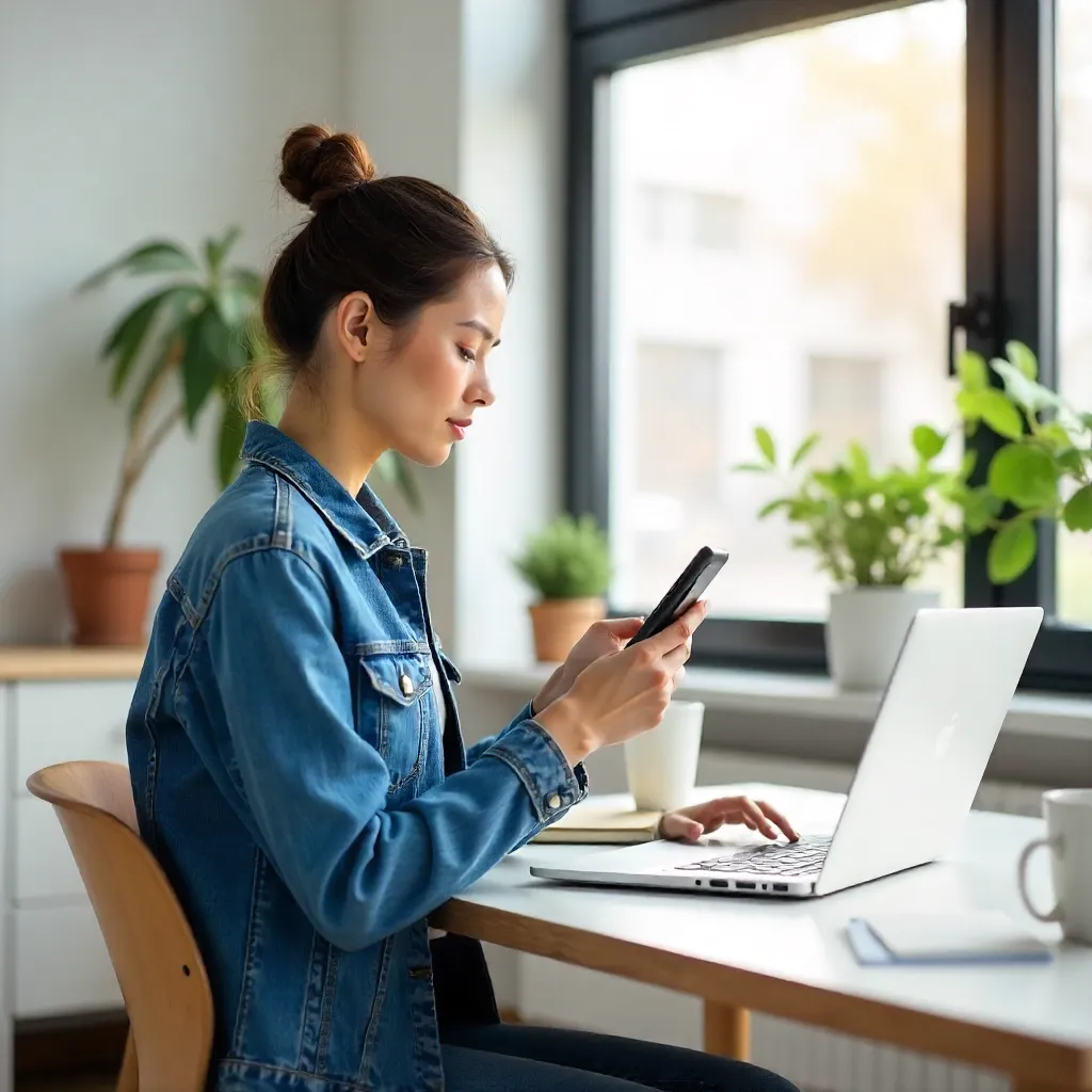 Denim Woman Using Smartphone in Bright Home Office