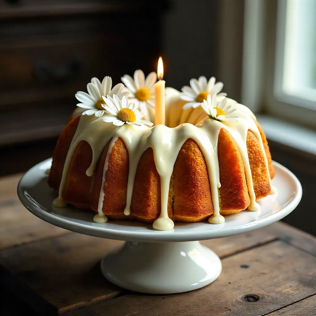 Bundt Cake with Icing, Daisies, and a Glowing Candle