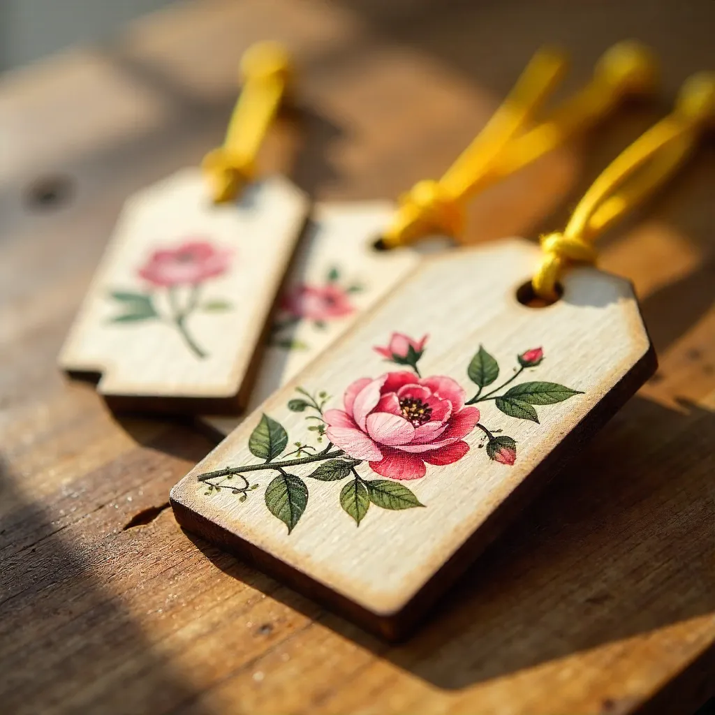 Floral Patterned Wooden Tags with Yellow Cord on Wood