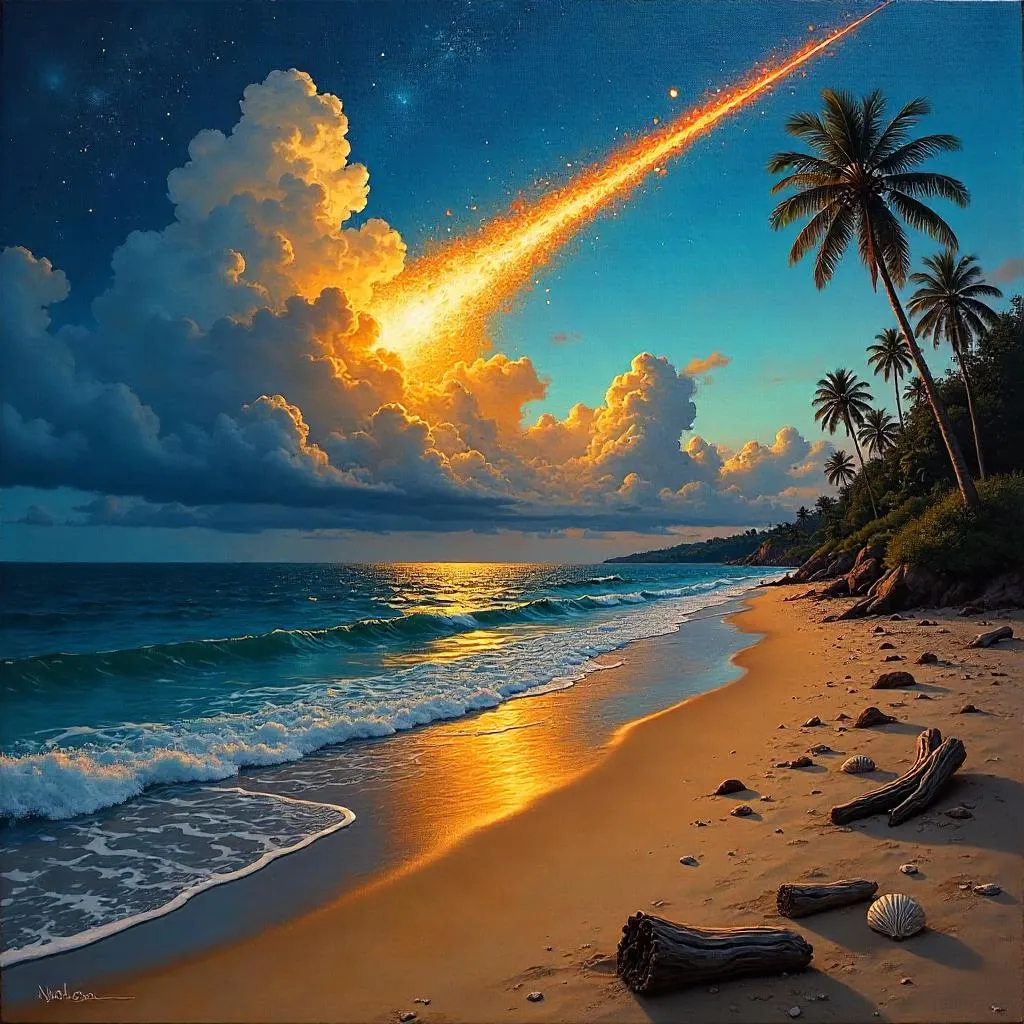 Meteor Over a Golden Beach in Oil Painting Style