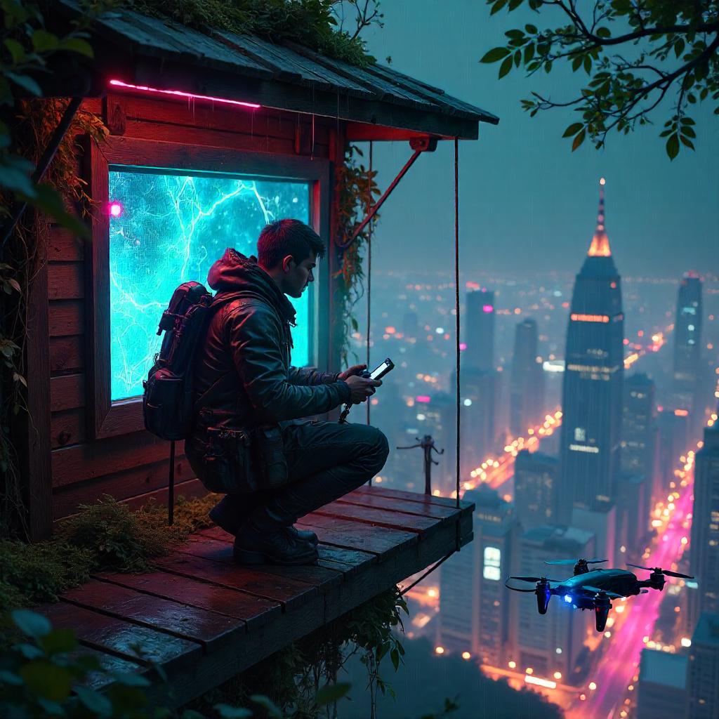 Neon Hunter in a Cyberpunk Treehouse Hideout