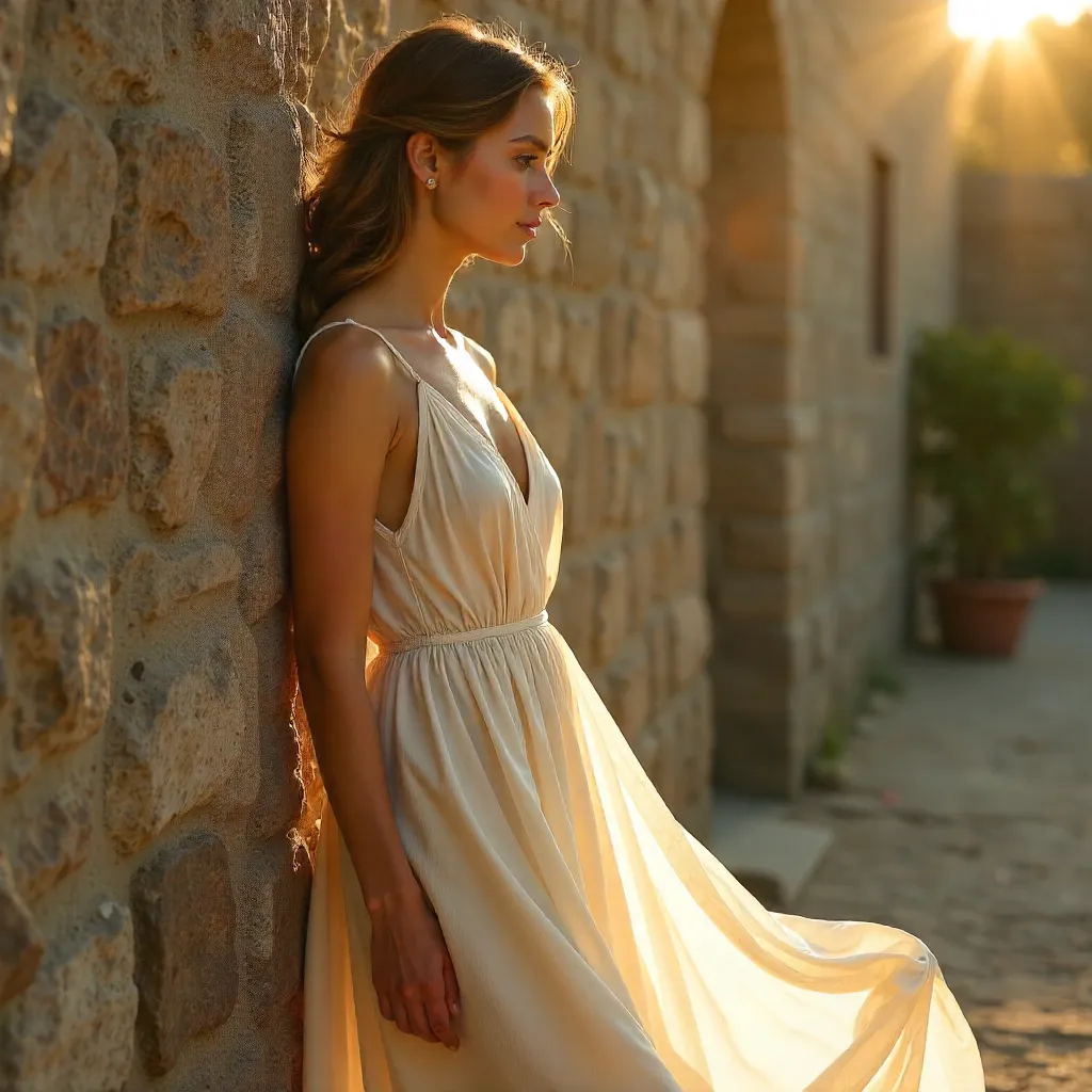 Sunlit Serenity: Woman in White Dress by Stone Wall