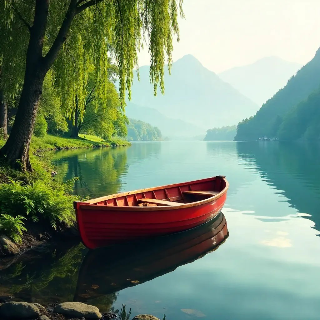 Tranquil Red Rowboat on Lake Bled Framed by Greenery