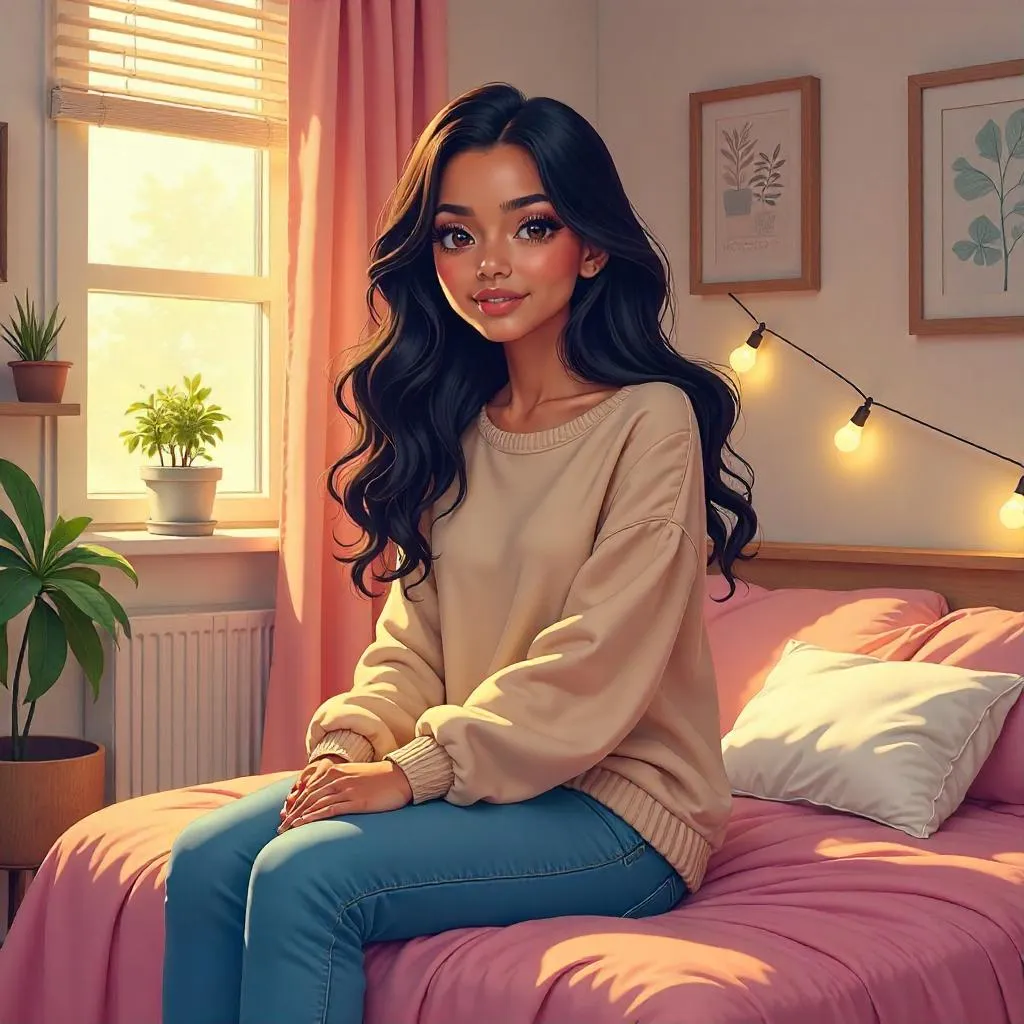 Sunlit Latina Anime Darling in a Cozy Bedroom