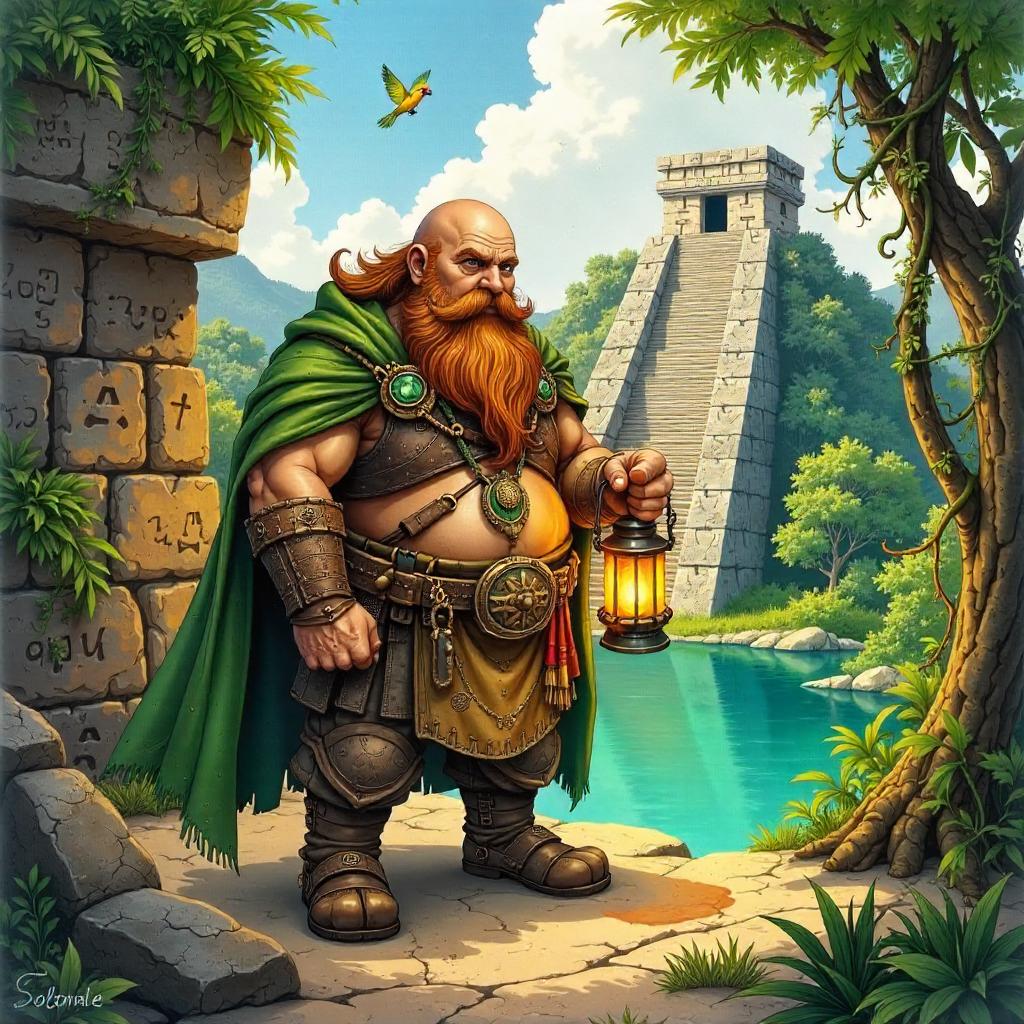 Dwarf in Mayan Ruins: A Watercolor Journey