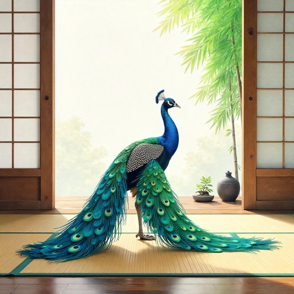 Zen Peacock in a Watercolor Temple of Calm