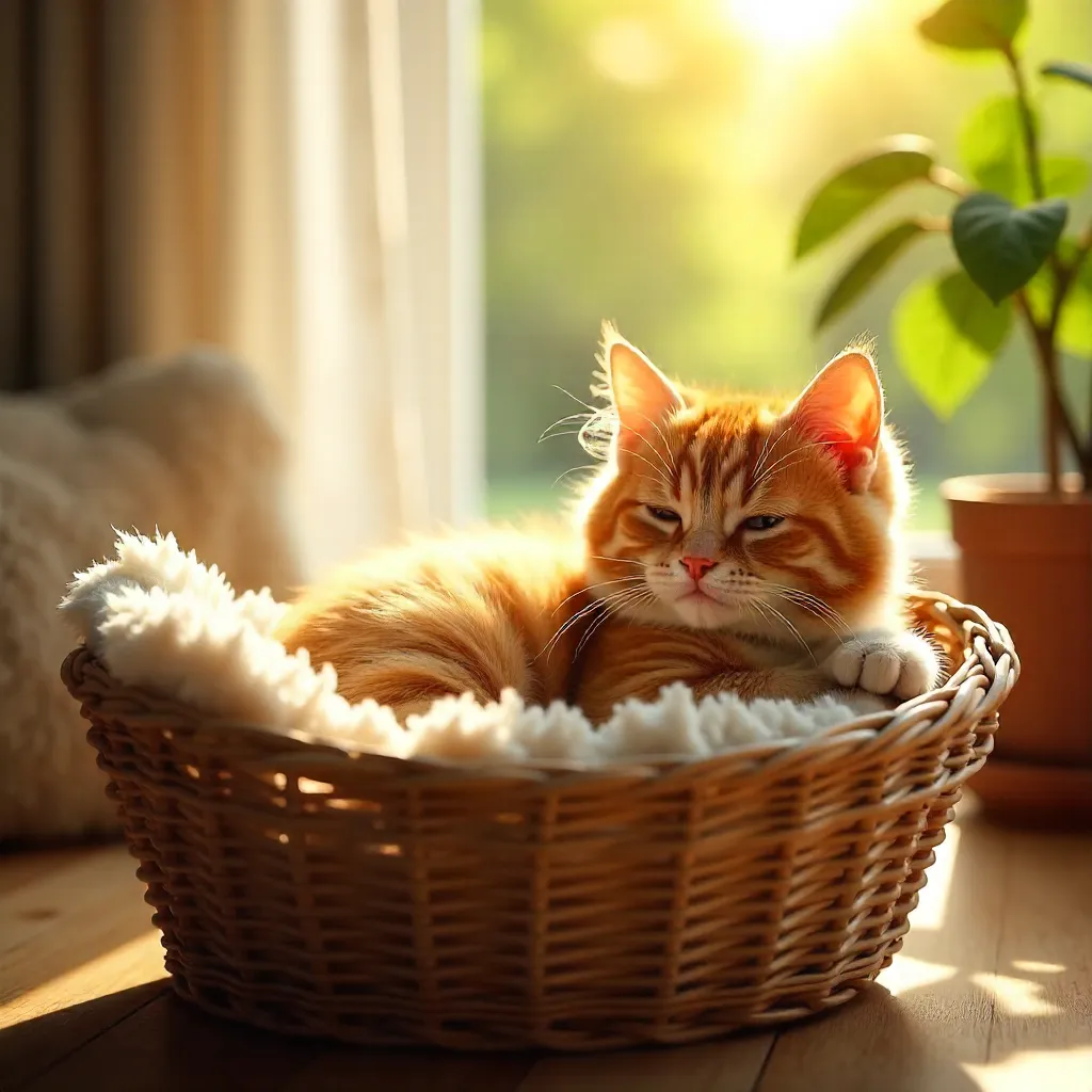 Sunlit Ginger Kitten in a Wicker Basket