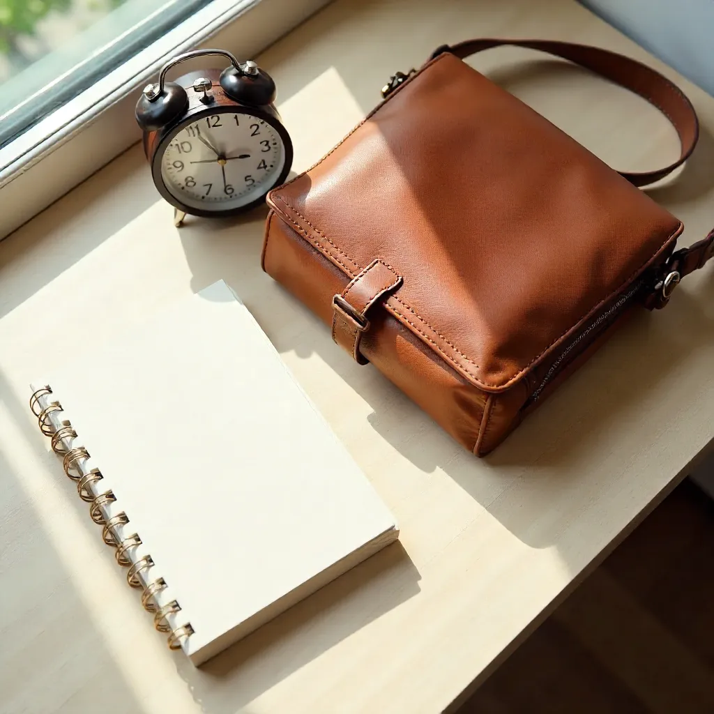 Free Stock Photo: Bag, Book, and Clock on Desk