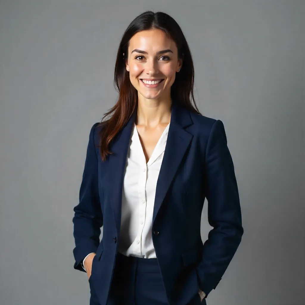 Confident Woman in Uniform Against Gray Backdrop
