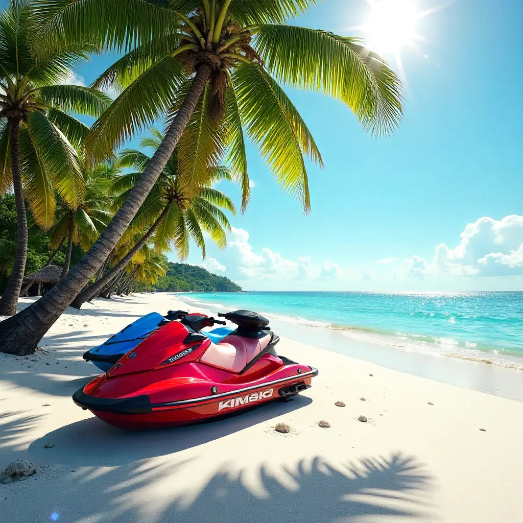 Sunny Beach Scene with Jet Skis and Palm Shadows