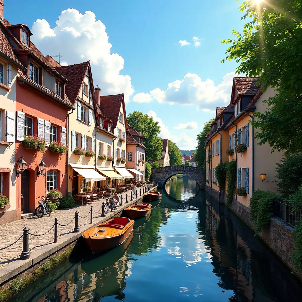 Sunny Colmar Canal and Colorful Half-Timbered Houses