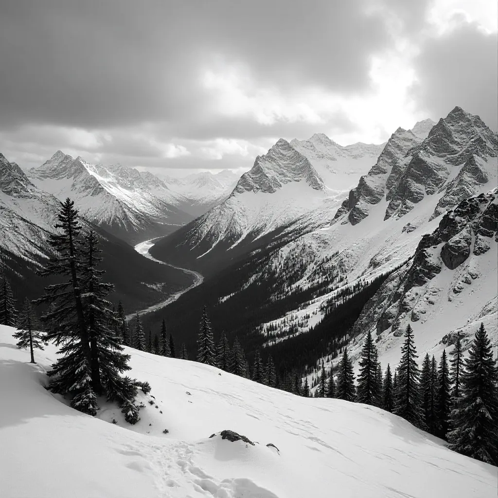 Monochrome Alaska Snow-Capped Peaks in Wilderness