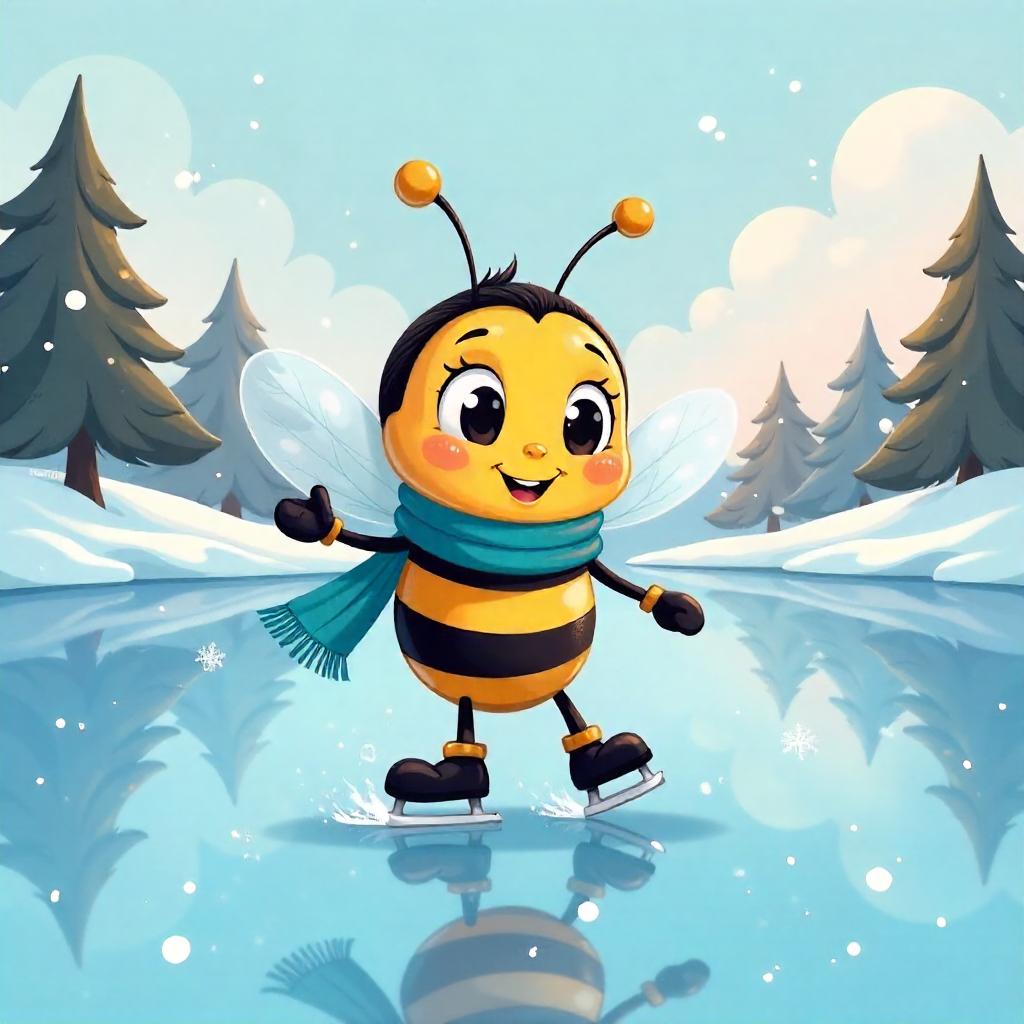 Bee on a Frozen Lake - Cartoon Winter Scene