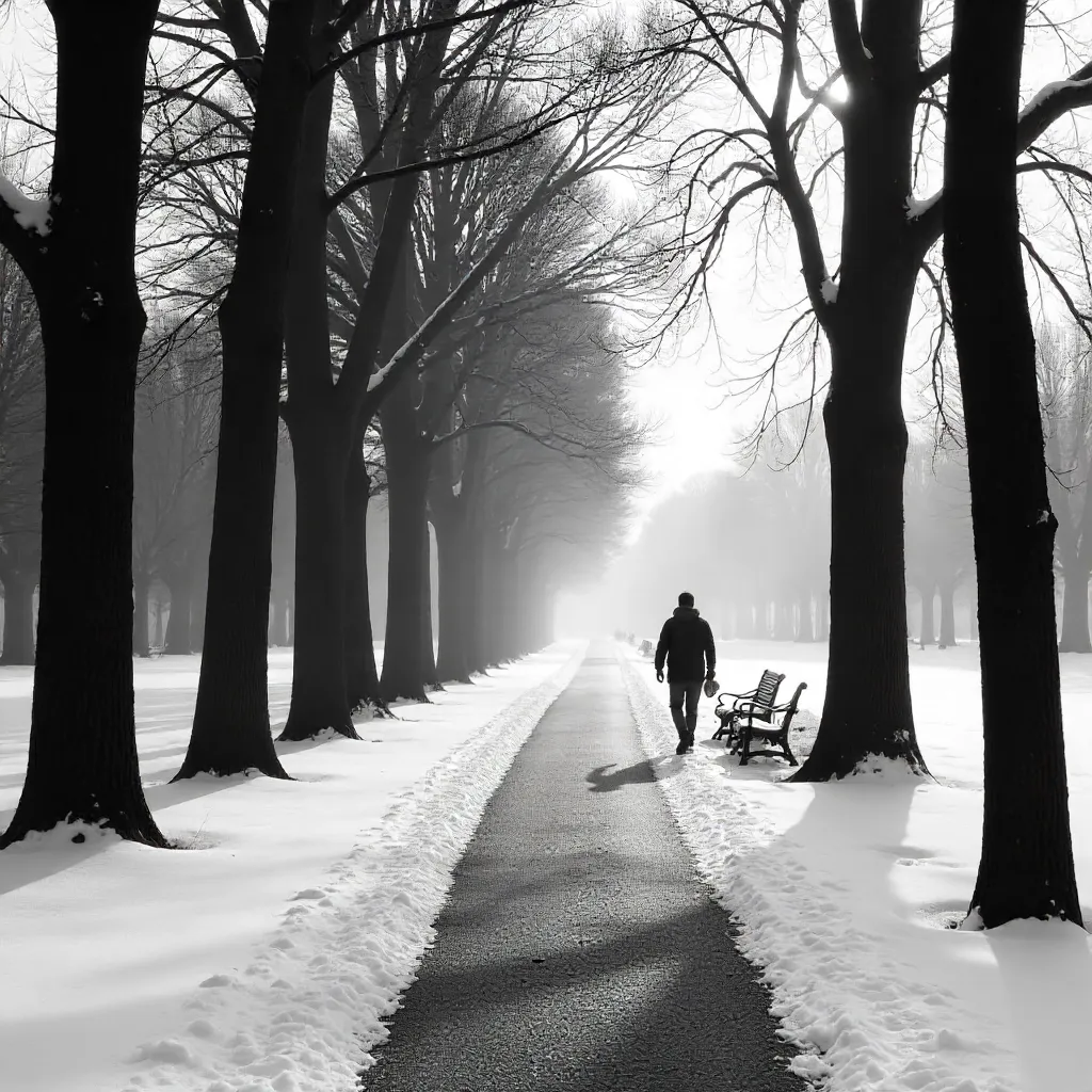Serene Black-and-White Winter Park: Lone Walker