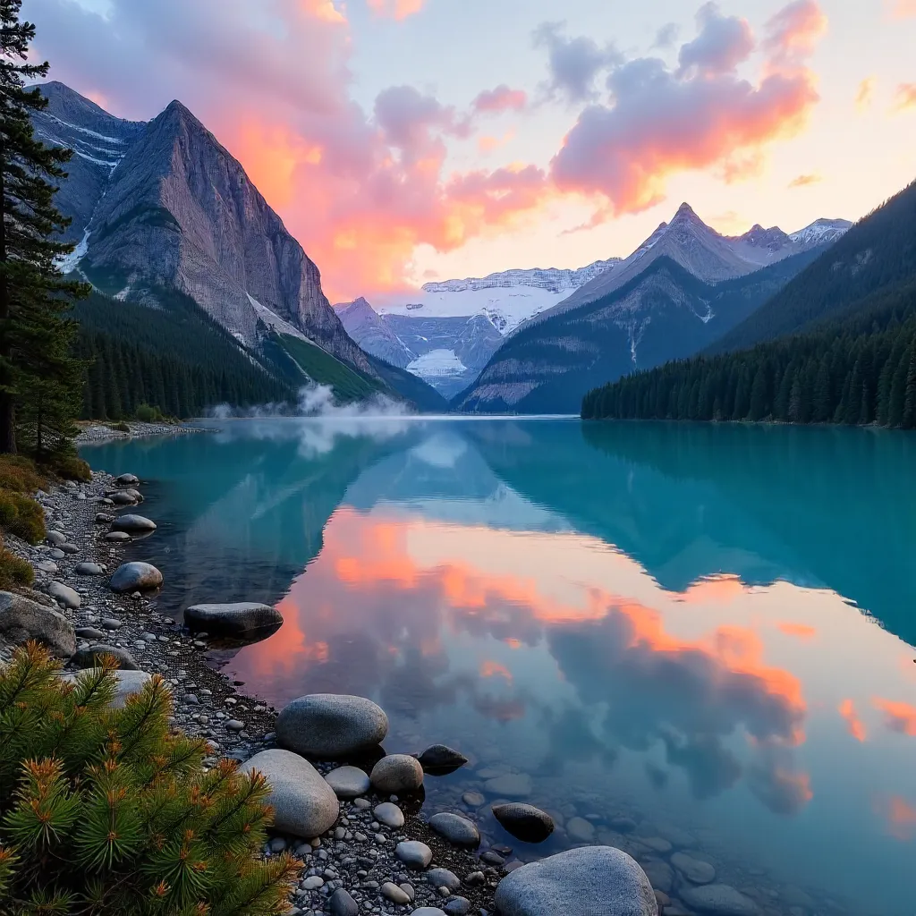 Expansive Alpine Lake Under a Vibrant Sky