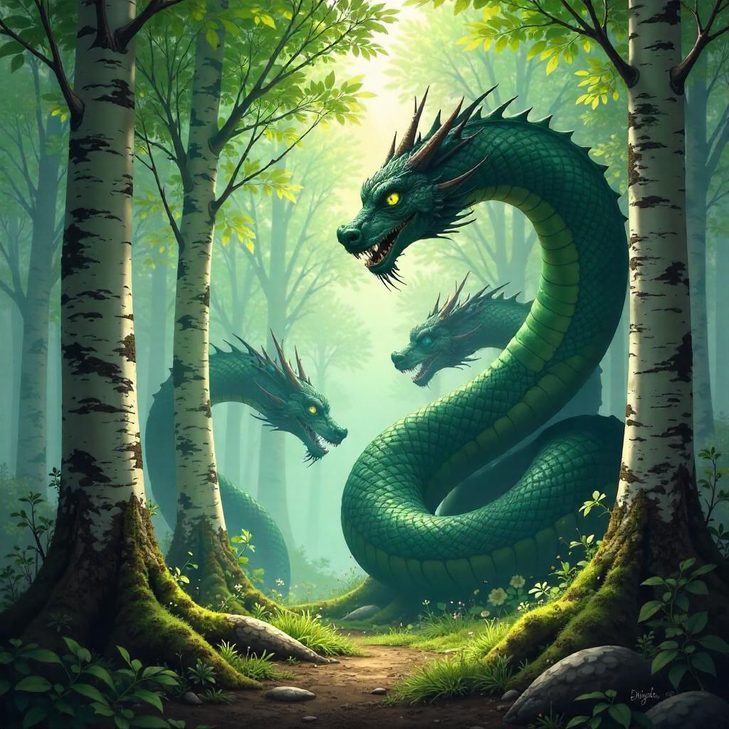 Hydra Concept Art in a Birch Forest