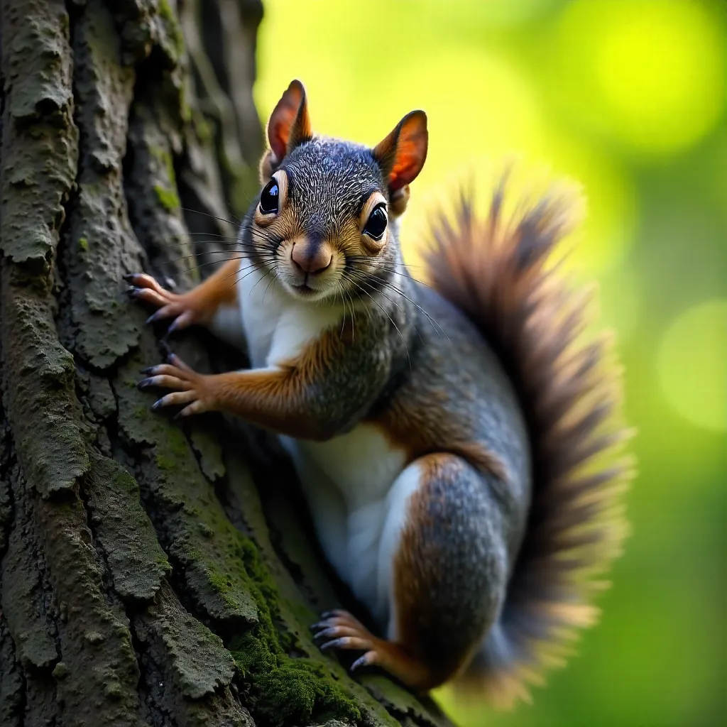 Curious Eastern Gray Squirrel on a Bark Trunk