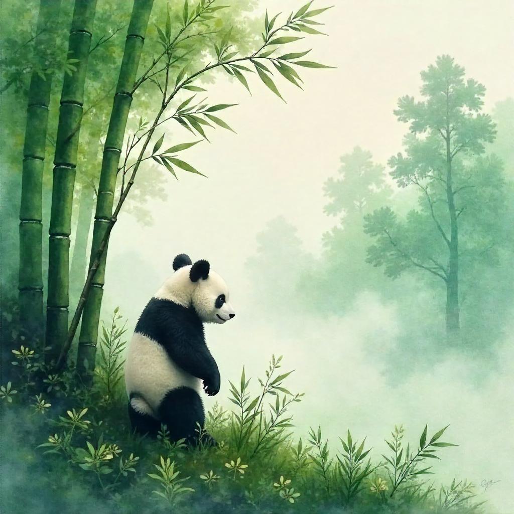 Panda Drifting Through Dense Fog in Watercolor