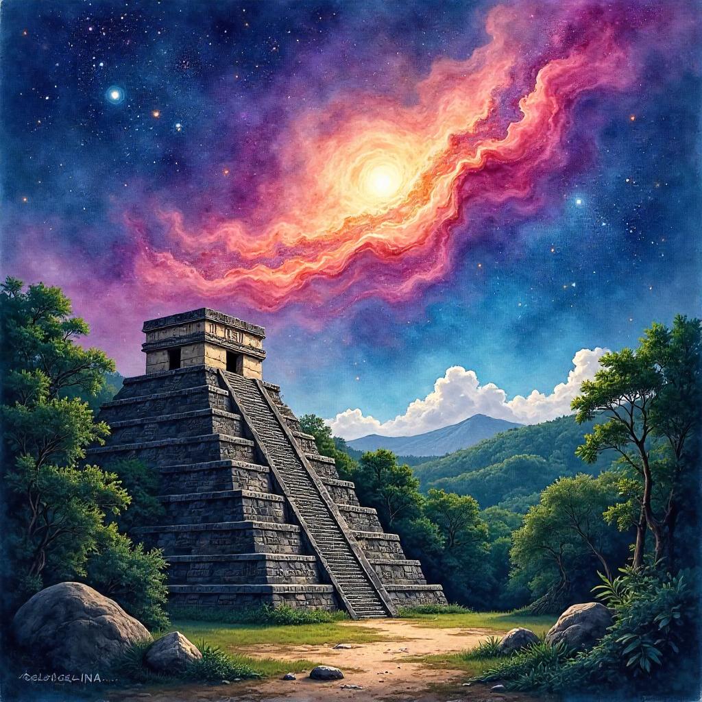 Nebula over Mayan Ruins in Watercolor Dream