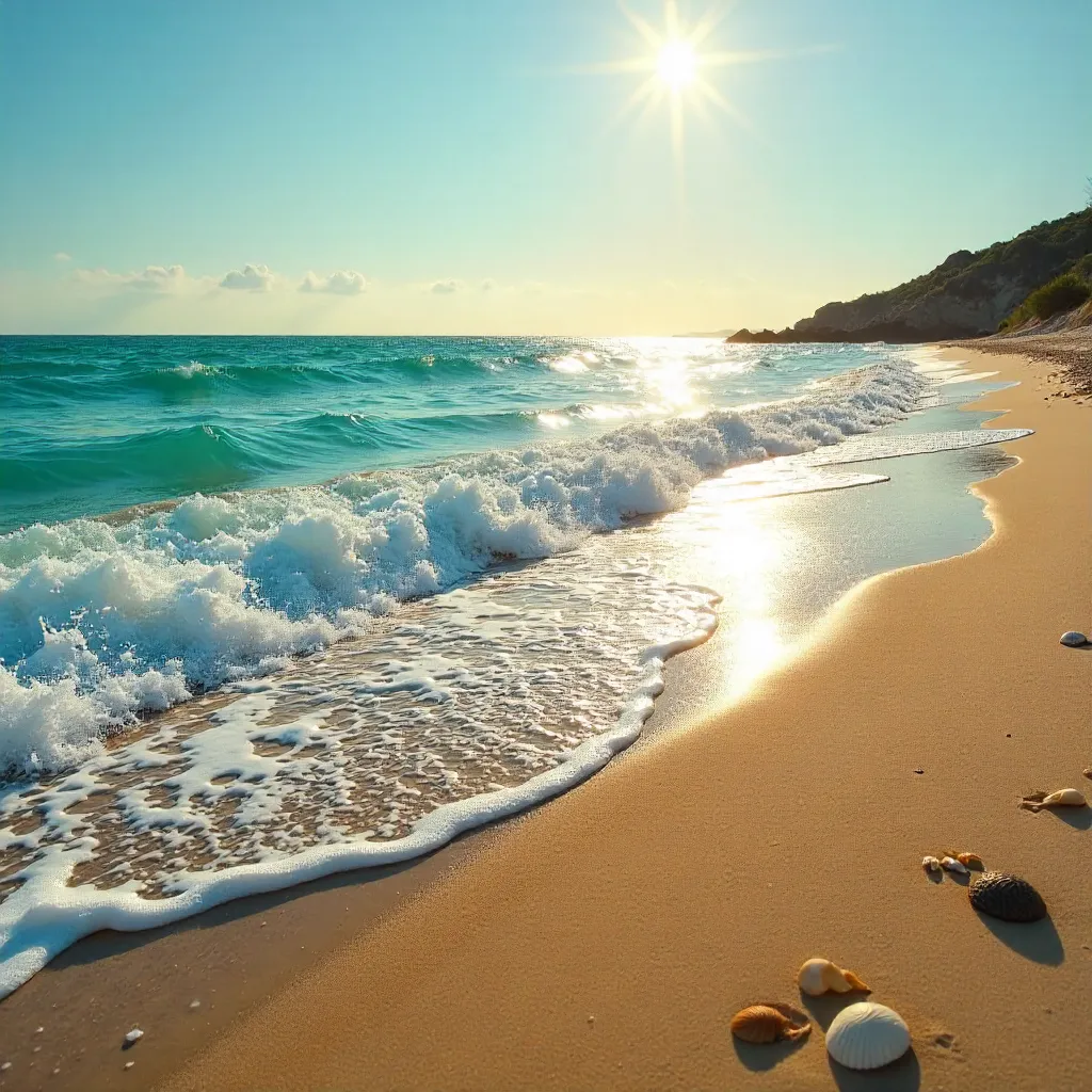 Golden Hour Seascape: Waves and Sunlit Shore