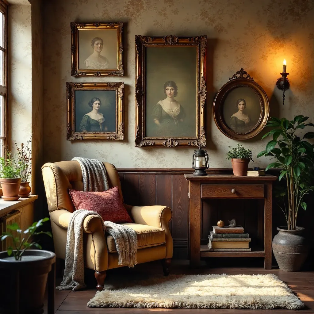 Cozy Rustic Room with Vintage Portraits