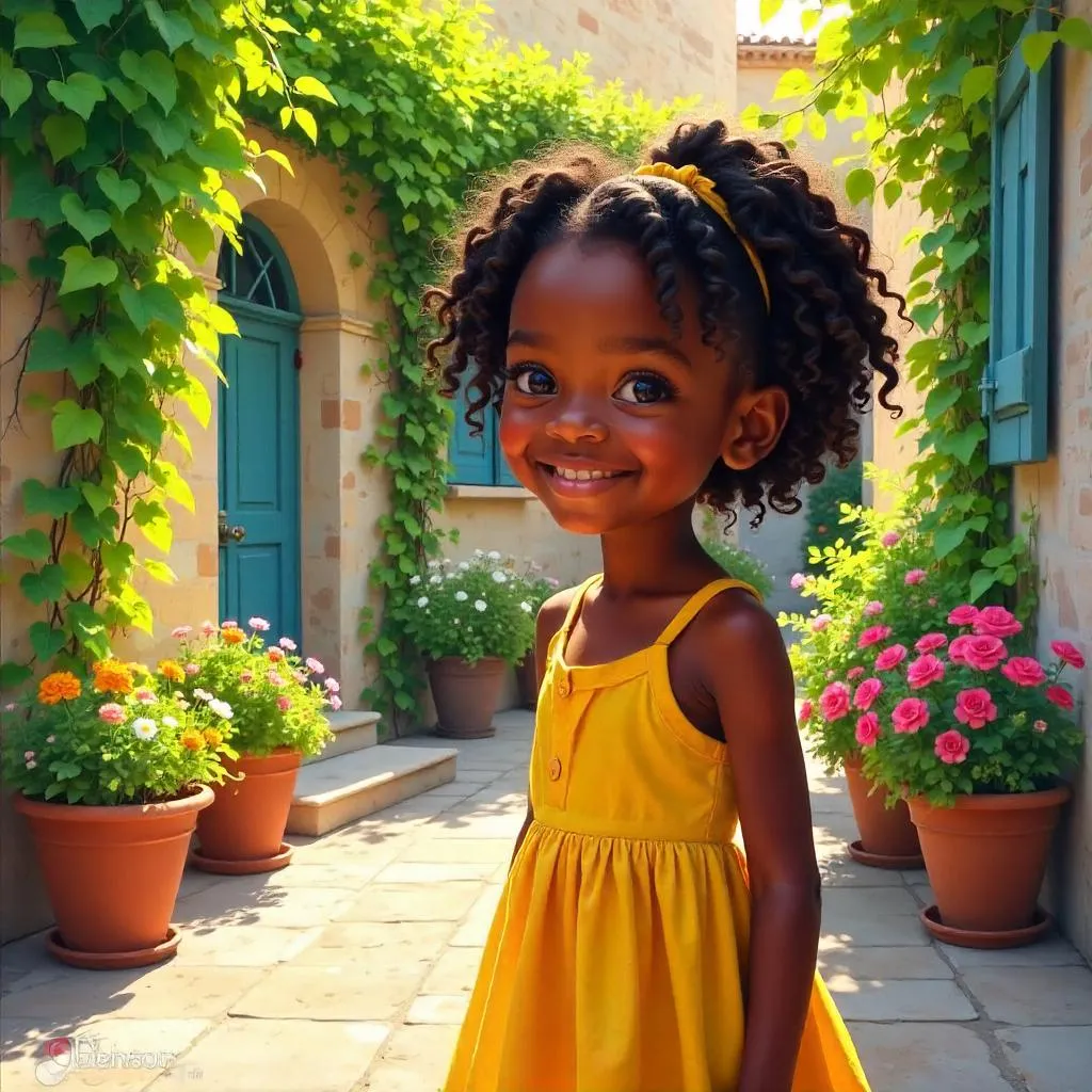 Sunlit Courtyard Portrait of a Cheerful Black Girl