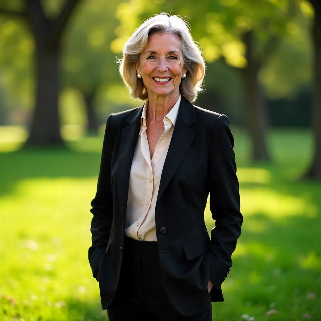 Elegant Gray-Haired Woman in a Black Suit Outdoors