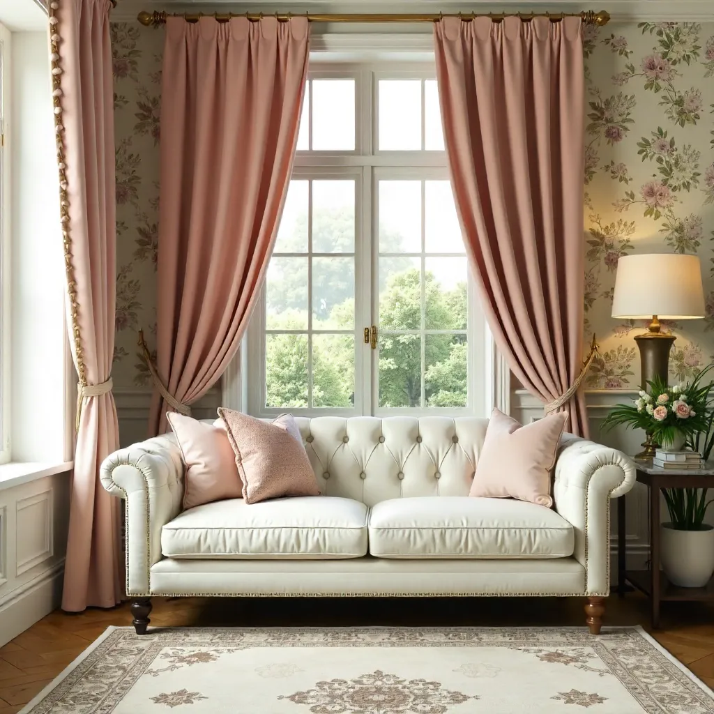 Elegant Floral Room with Vintage Curtains and Sofa