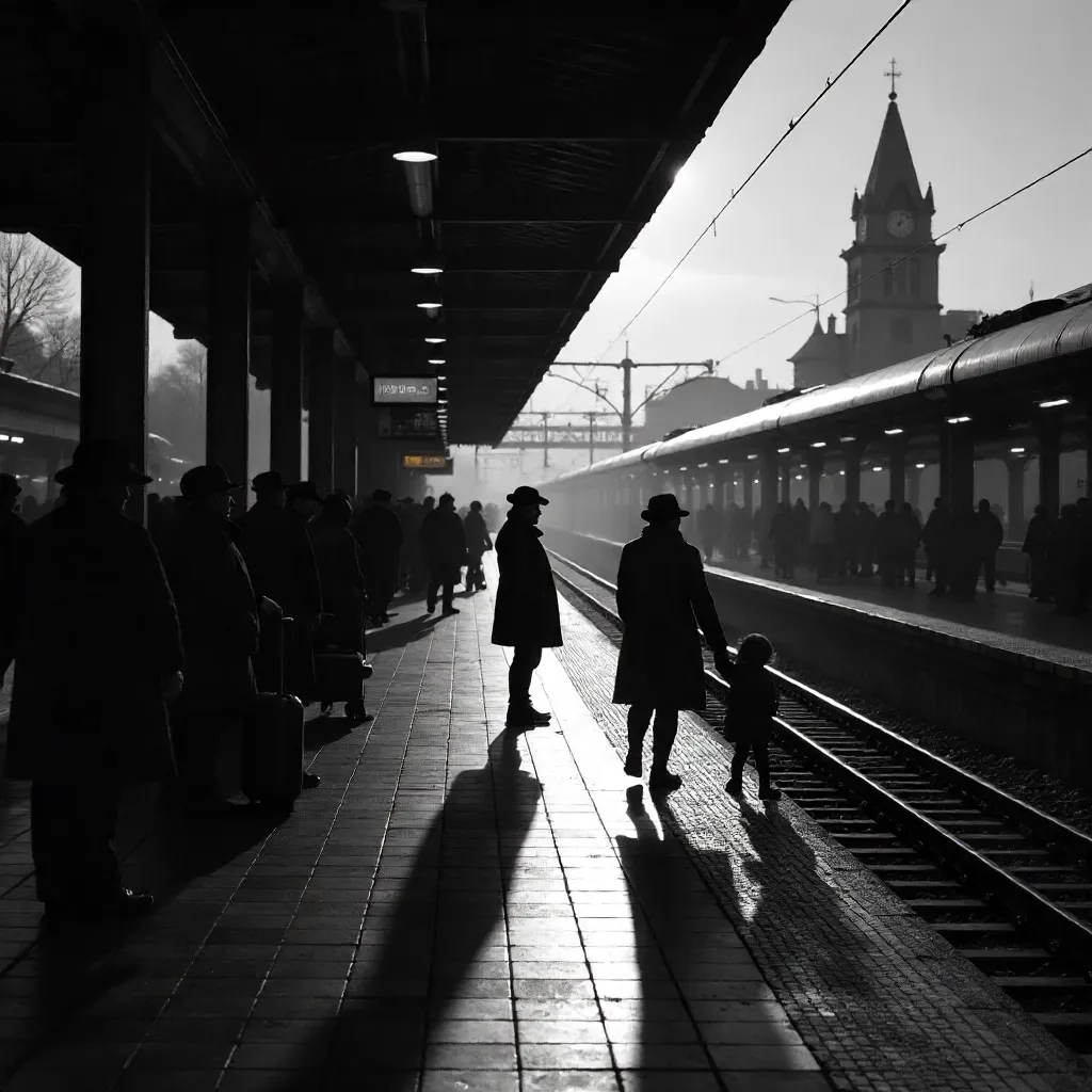 Monochrome Train Station: Dramatic Shadow Play