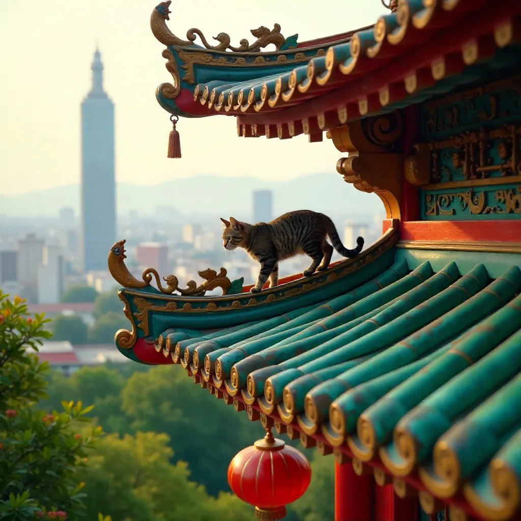 Cat on a Vibrant Taipei Temple Roof
