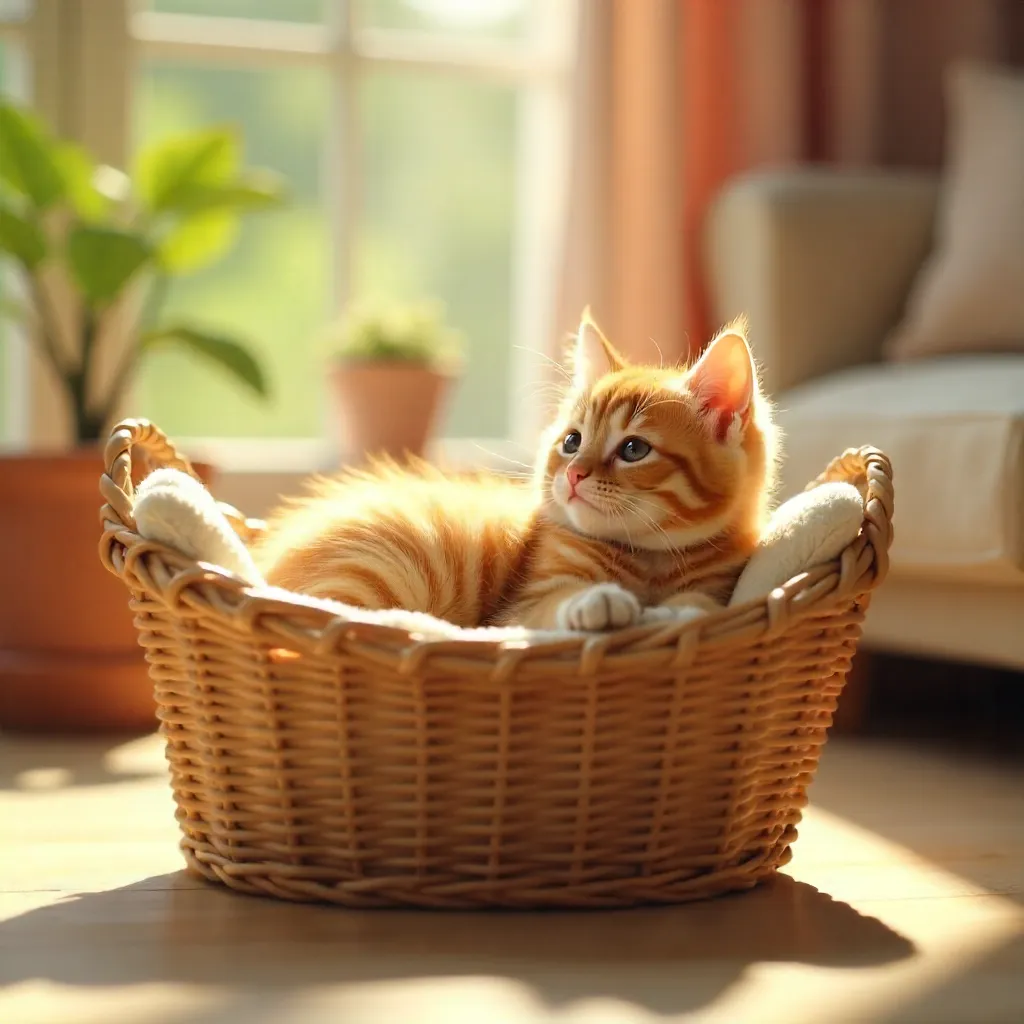 Sunlit Ginger Kitten Lounging in Wicker Basket