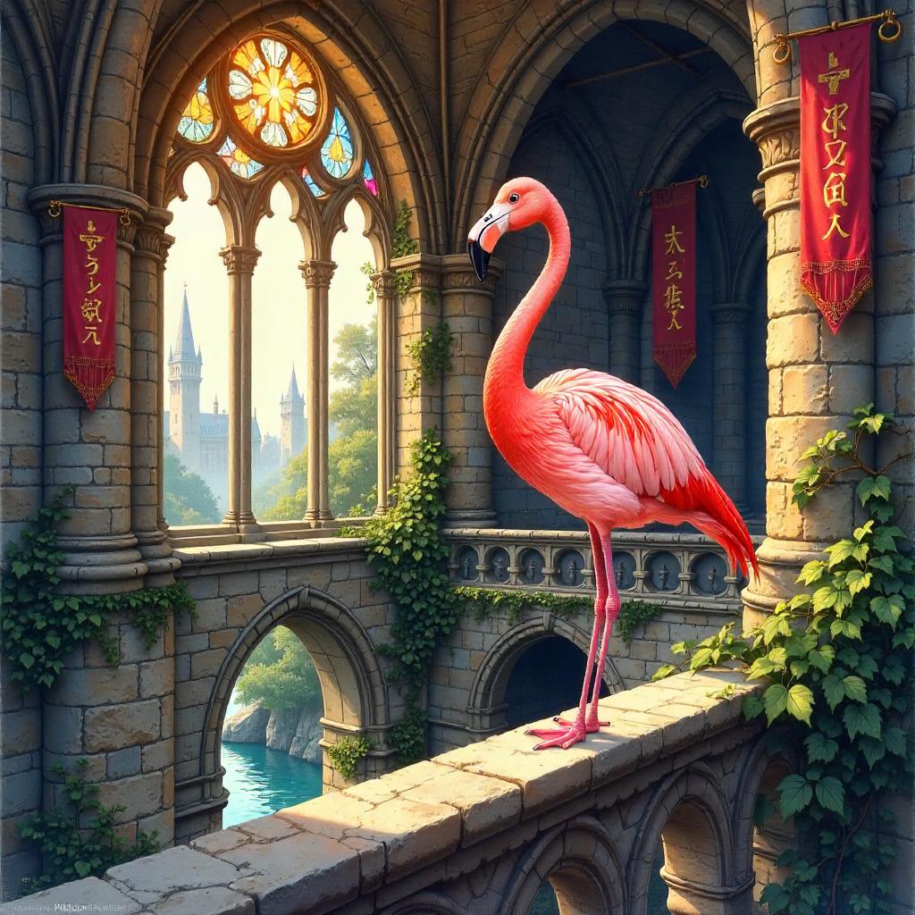 Flamingo in a Watercolor Castle Hall