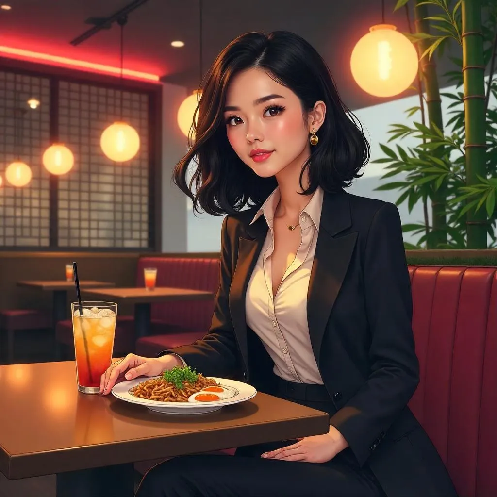Stylish Asian Woman Dining in Anime Restaurant