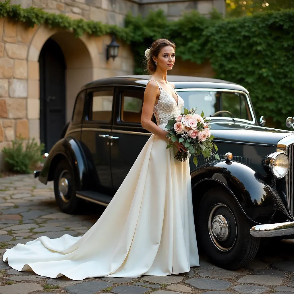 Elegant Bride by Vintage Car in Rustic Stone Setting