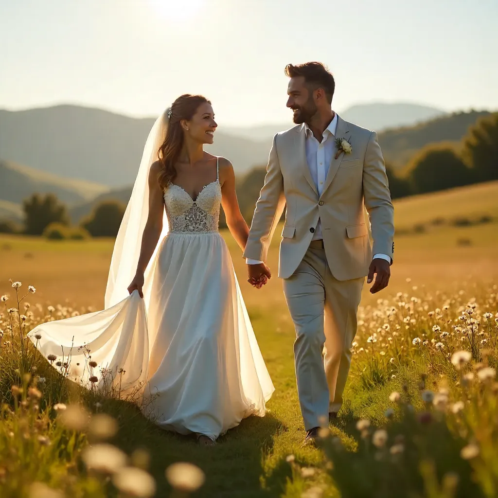Sunlit Outdoor Wedding Walk: Couple in Love
