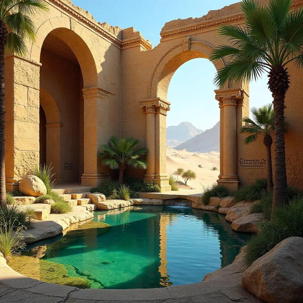 Photorealistic Oasis Amid Ancient Ruins