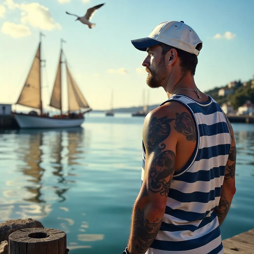 Tattooed Sailor Contemplates Boats at Harbor