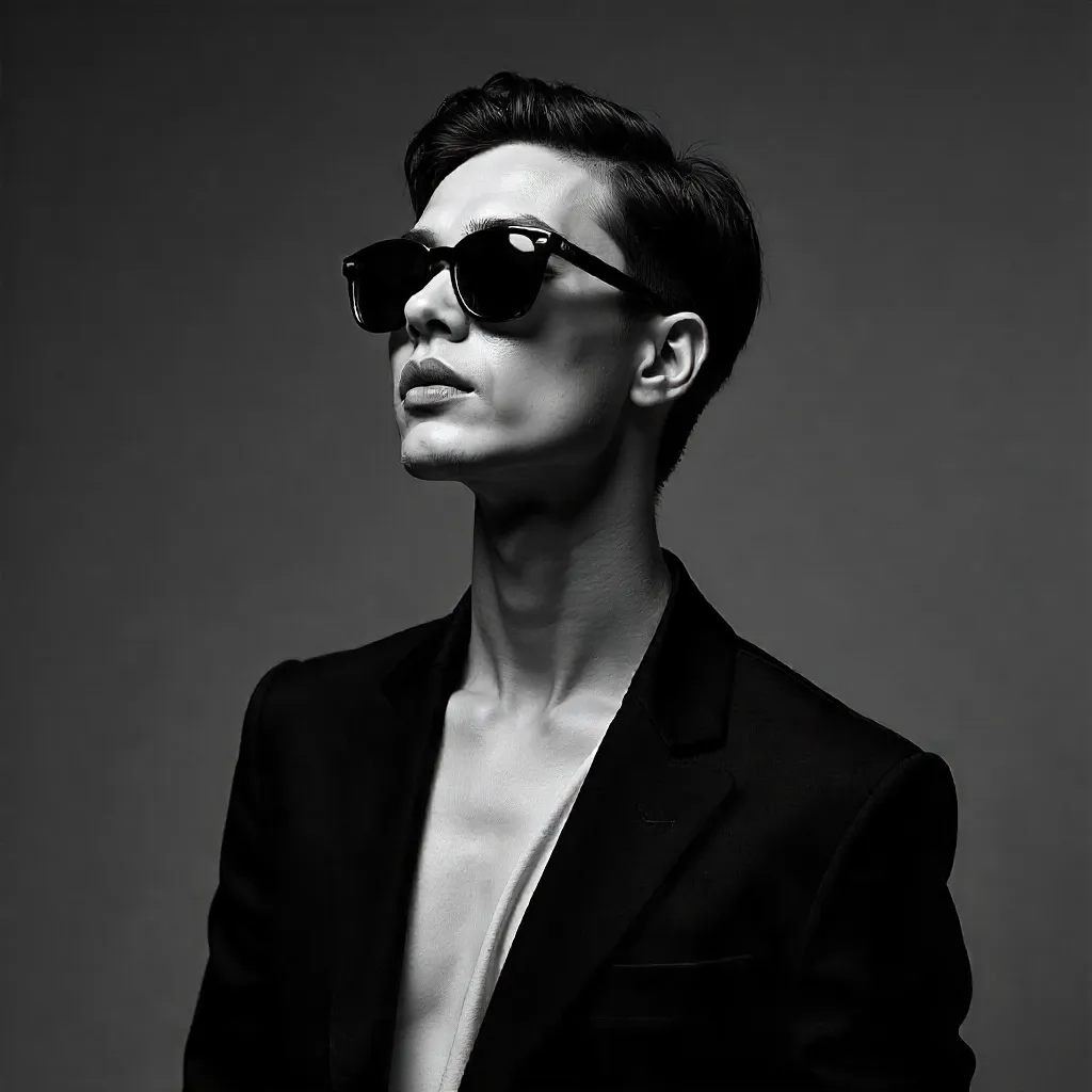 Noir Elegance: A Bold Black-and-White Sunglass Portrait