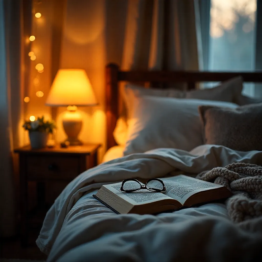 Cozy Bedroom Nightstand with Open Book and Warm Lamp