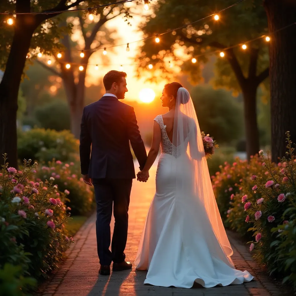 Golden Hour Wedding Stroll Under String Lights