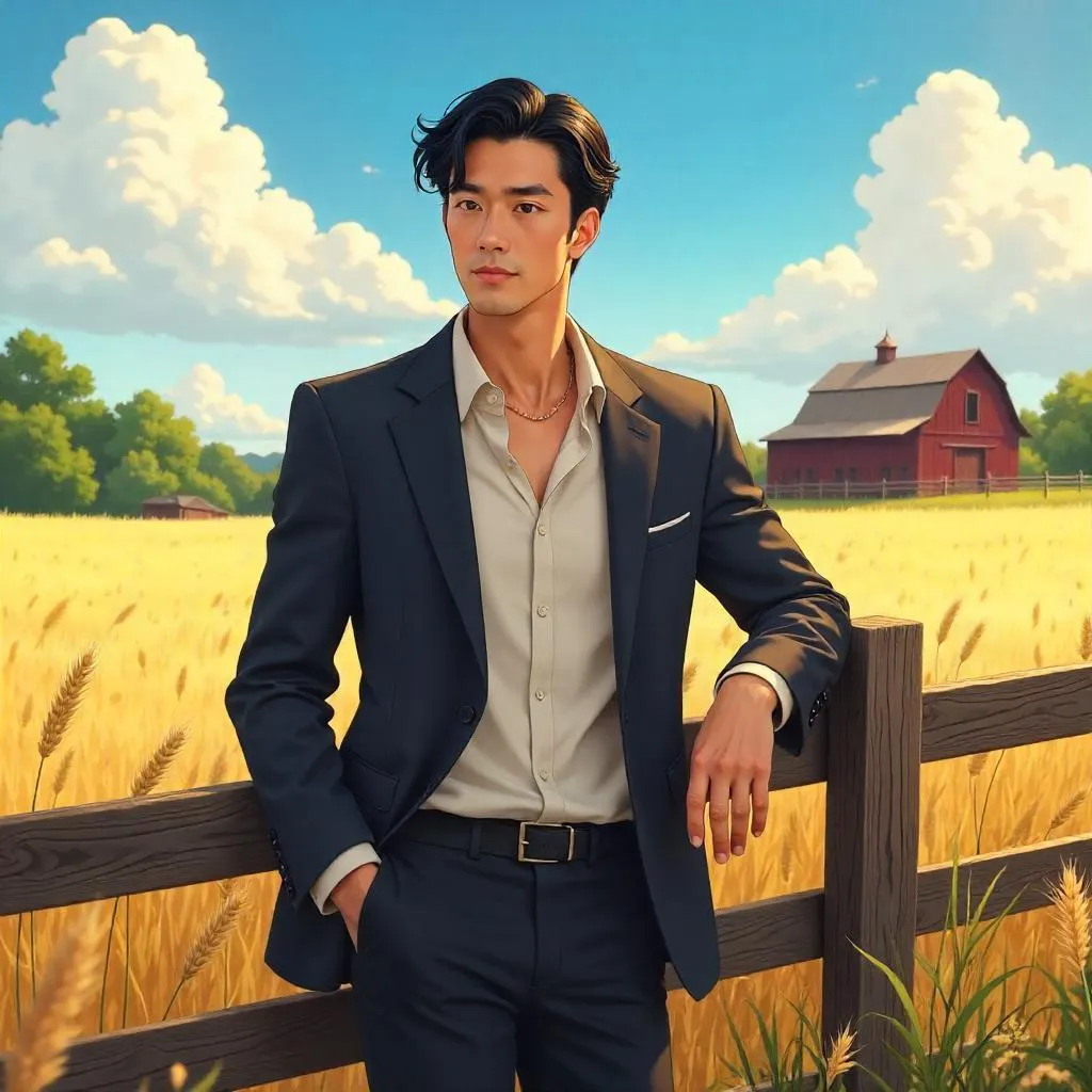 Elegant Asian Man on a Farm in Anime Style