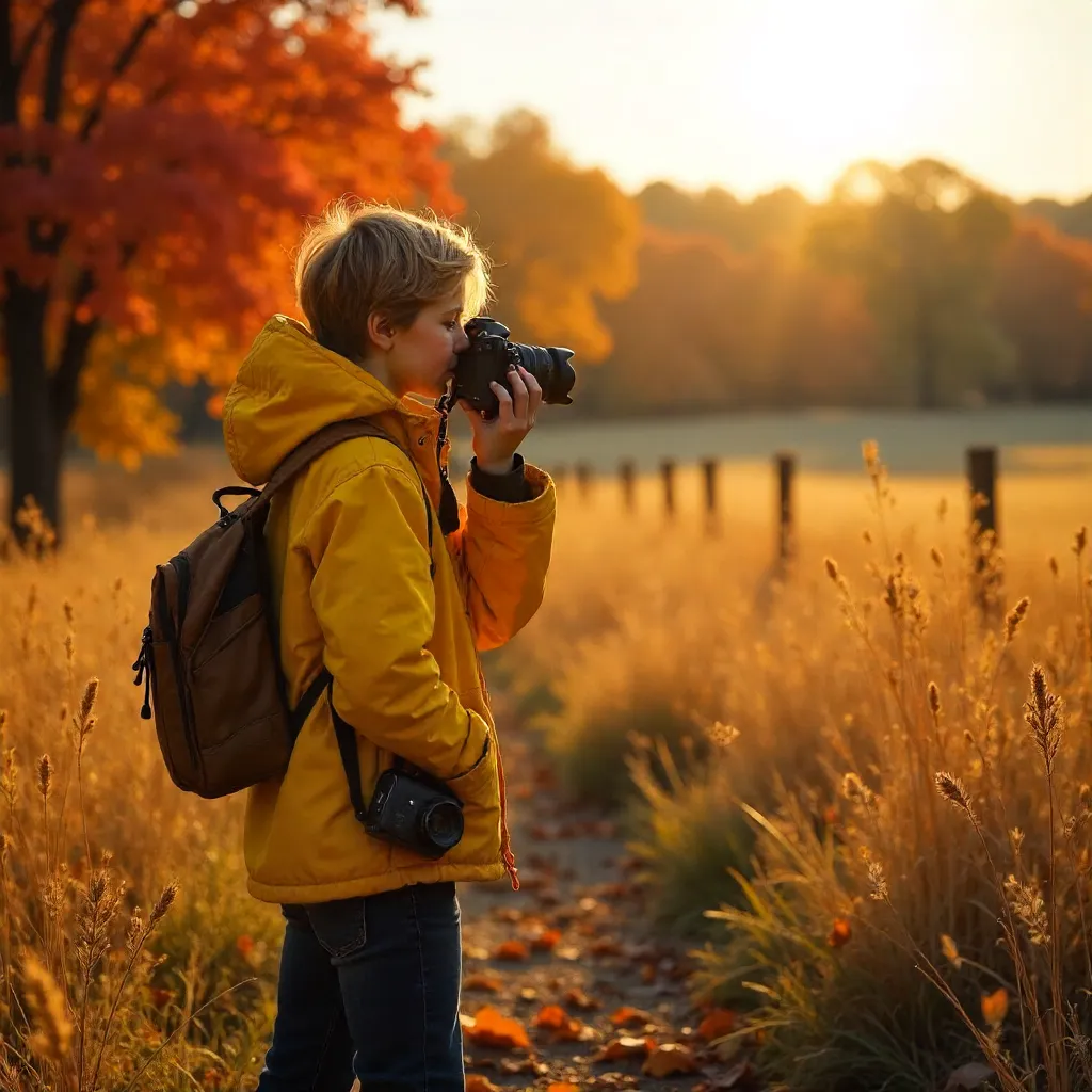 Photographer in a Yellow Jacket in Autumn Field