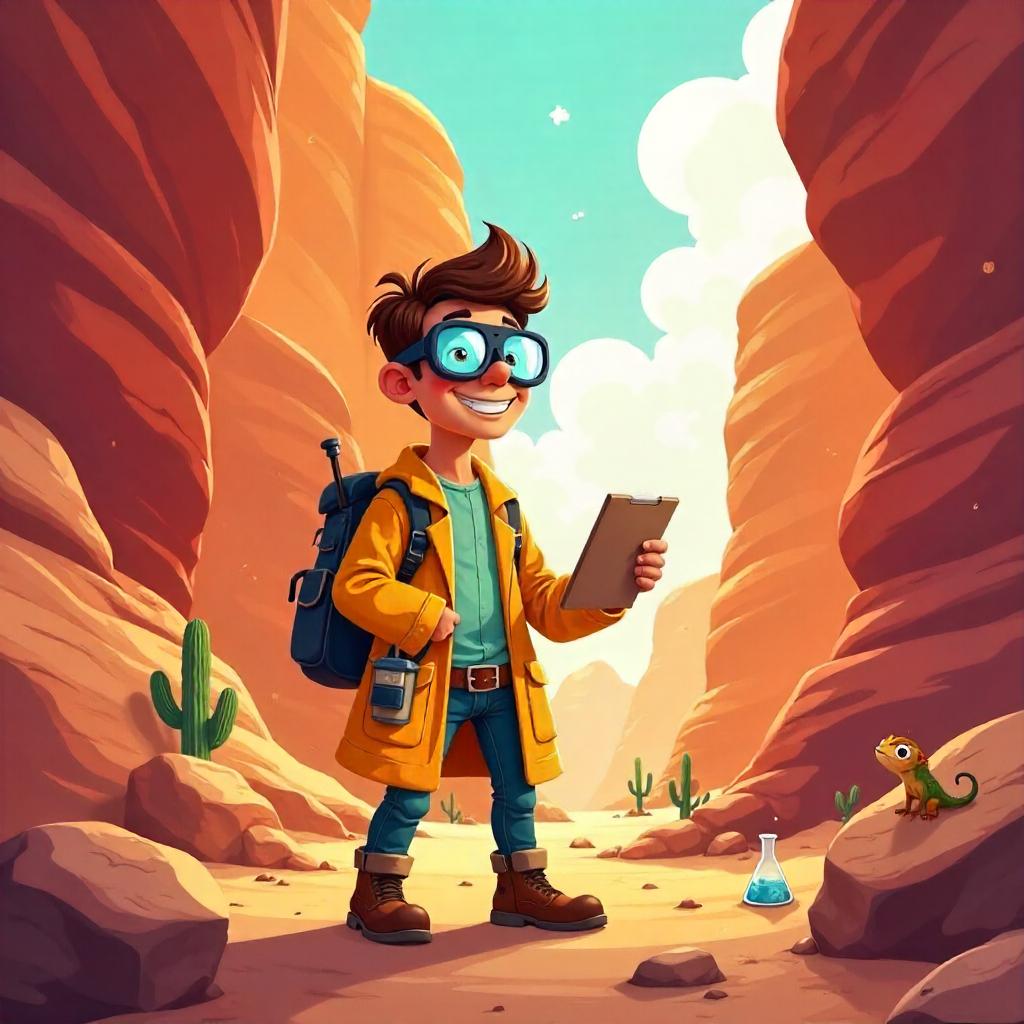 Cartoon Scientist in a Canyon