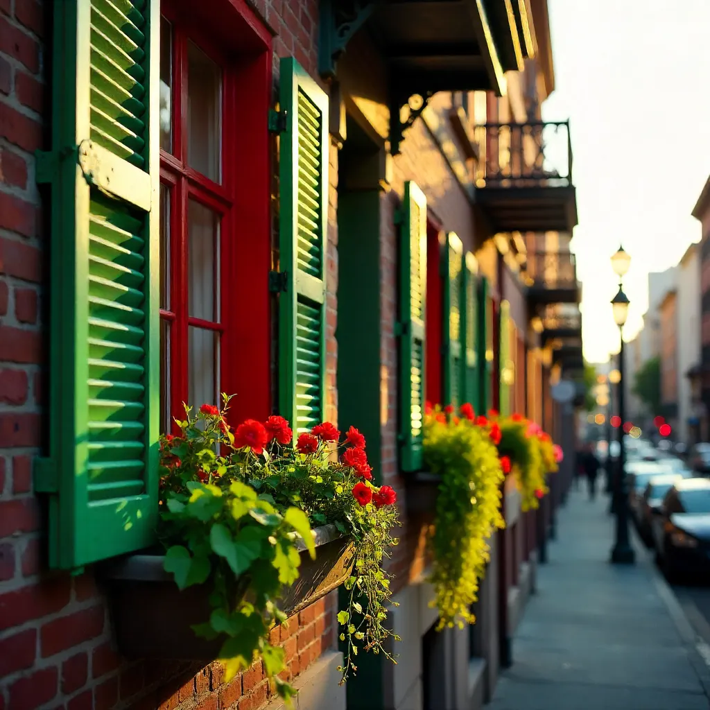 Vibrant Green-Red Facade with Flowered Balconies