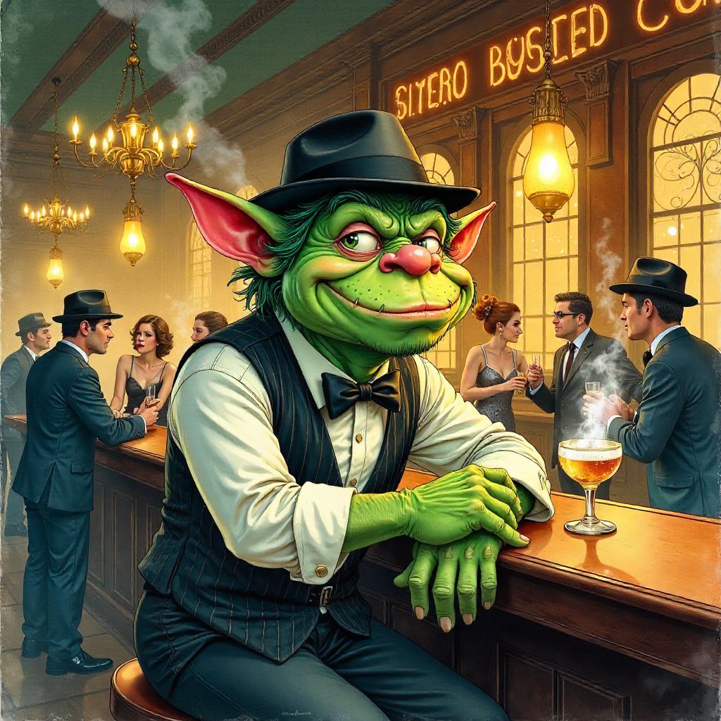 Troll in a 1920s Speakeasy — Watercolor Scene
